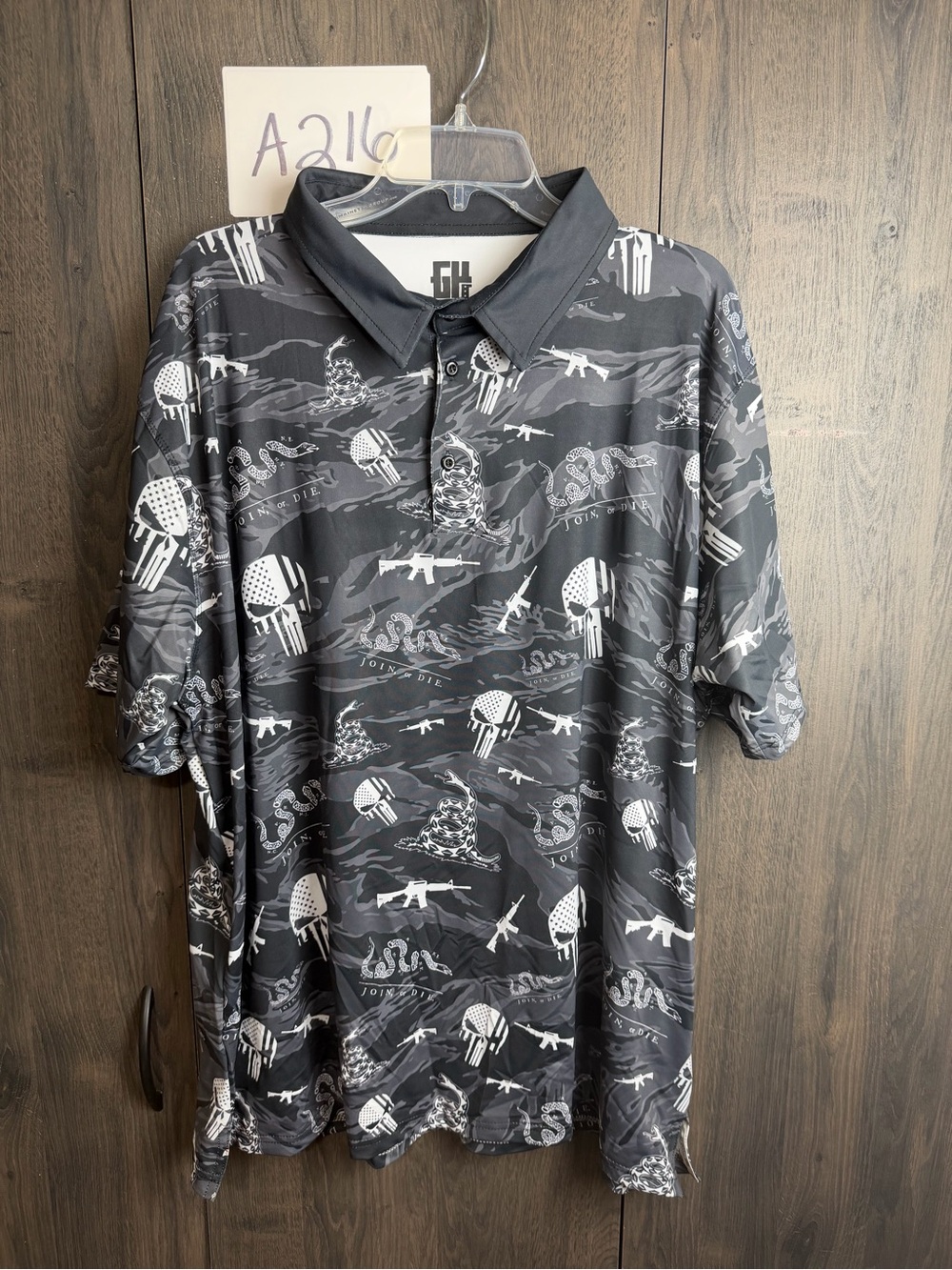 Men's Black Tactical Graphic Button-Down Polo Shirt